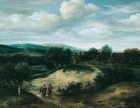 Jacob Koninck Landscape with huntsmen on a track before a village oil painting image